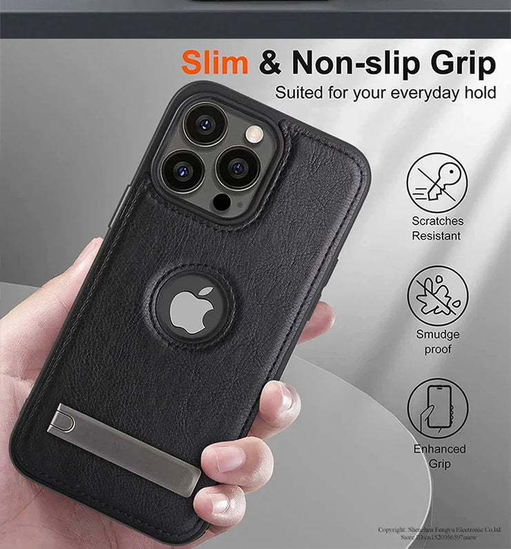 iPhone 11–16 Pro Max Leather Kickstand Case