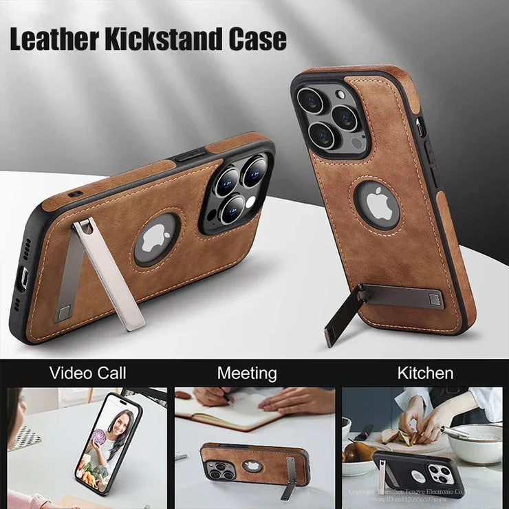 iPhone 11–16 Pro Max Leather Kickstand Case