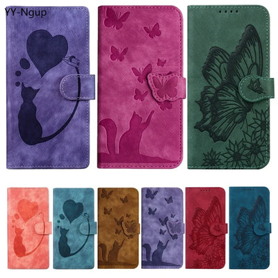 iPhone 15/14/13 Flip Leather Wallet Case – Cat & Butterfly