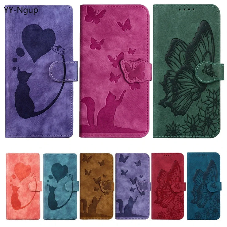 iPhone 15/14/13 Flip Leather Wallet Case – Cat & Butterfly