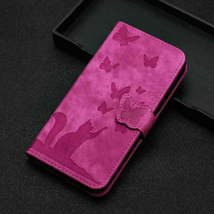 iPhone 15/14/13 Flip Leather Wallet Case – Cat & Butterfly