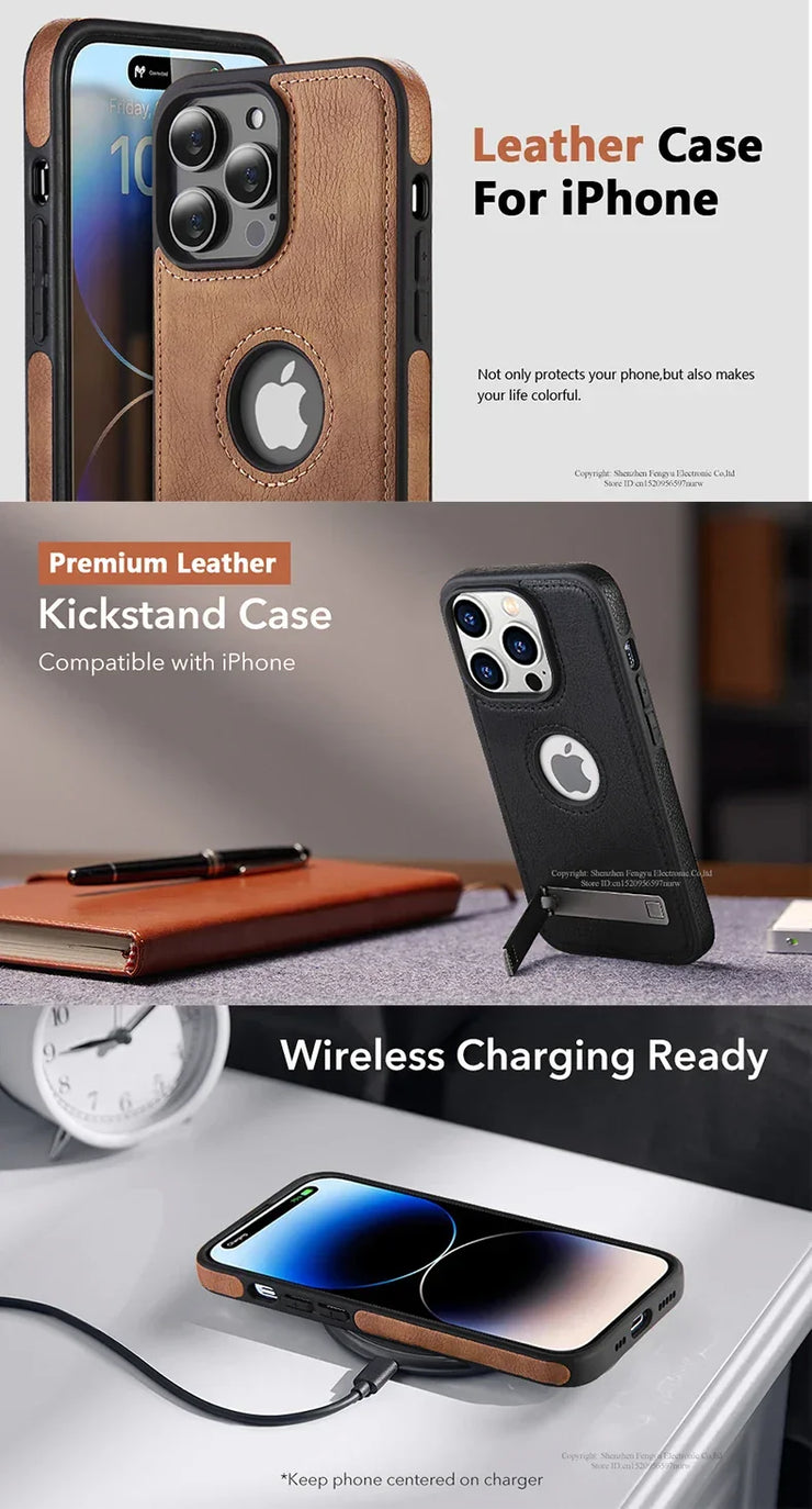 iPhone 11–16 Pro Max Leather Kickstand Case