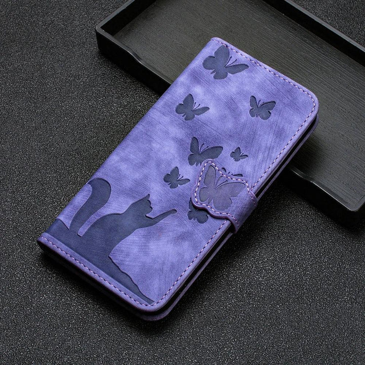 iPhone 15/14/13 Flip Leather Wallet Case – Cat & Butterfly