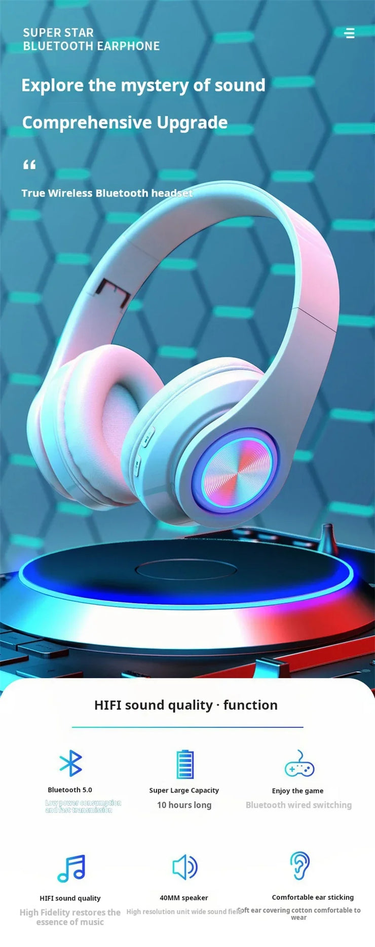 Wireless Gaming Headset – RGB Lights & Mic